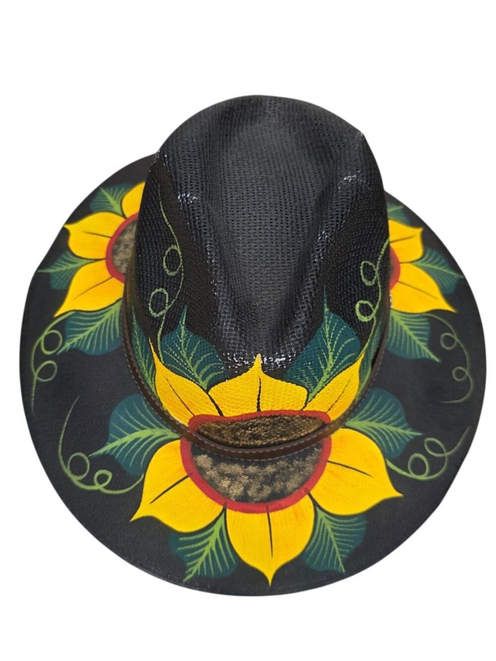 Sunflower Artisan Hat Hand Painted Fedora Floral Bohemian Black Straw SIZE M